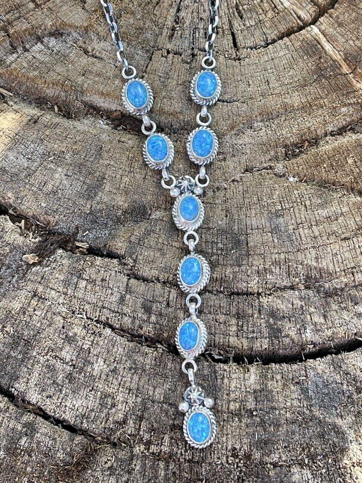 Navajo Sterling Silver &  Blue Iridescent Opal Lariat Necklace & Earring Set