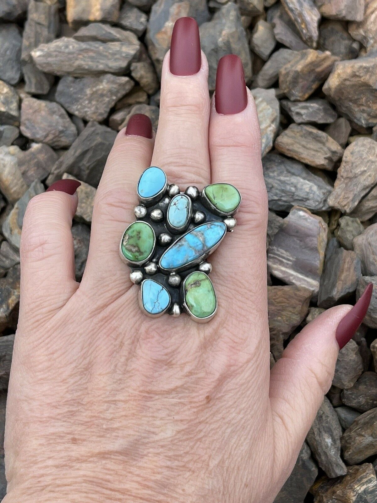 Navajo Sterling Sonoran Gold And Golden Hills Turquoise Cluster Ring Size 6.5