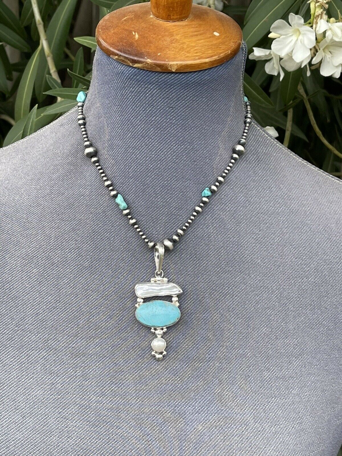 Turquoise & Mother Of Pearl Sterling Silver Navajo Pendant