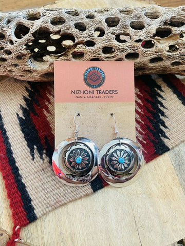 Navajo Turquoise & Sterling Silver Concho Dangle Earrings