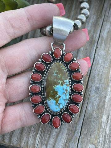 Navajo Sterling Silver Kingman Web Turquoise & Red Coral Taos Cluster Pendant