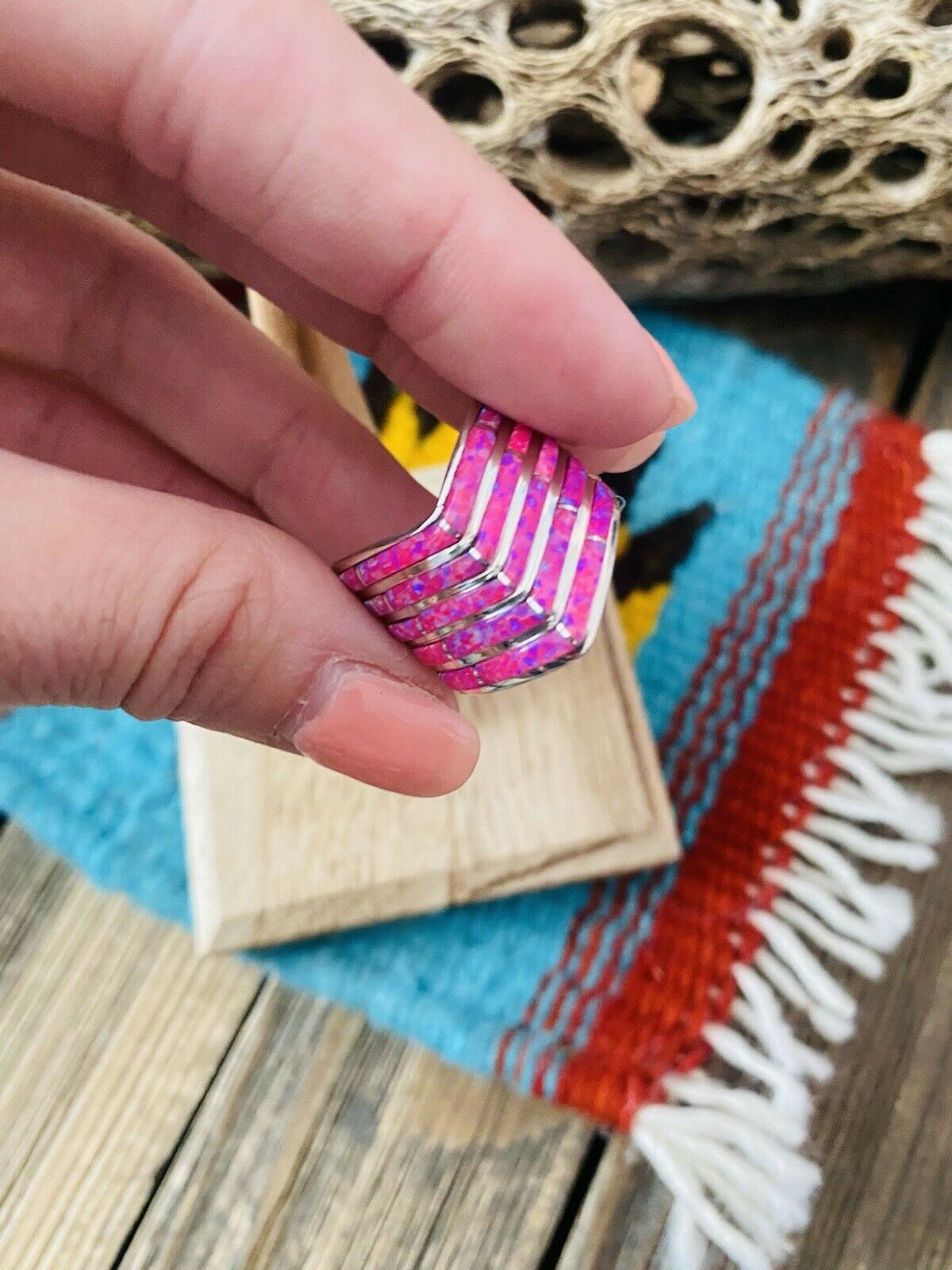 Zuni Sterling Silver & Pink Opal Inlay 5 Row Stacker Ring