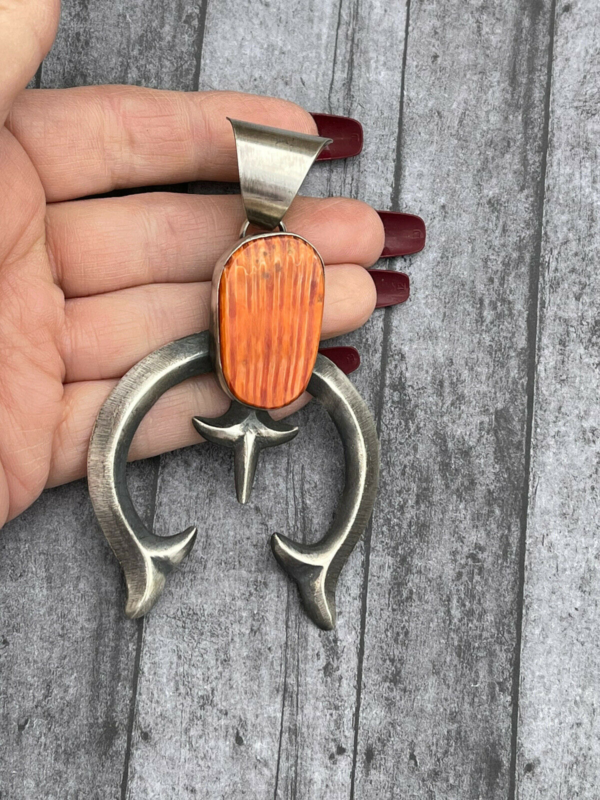 Navajo Chimney Butte Orange Spiny & Sterling Silver Naja Pendant Signed