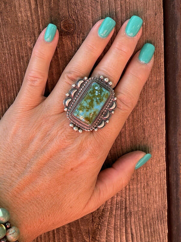 Navajo Sonoran Mountain Turquoise & Sterling Silver Statement Ring Size 9.5