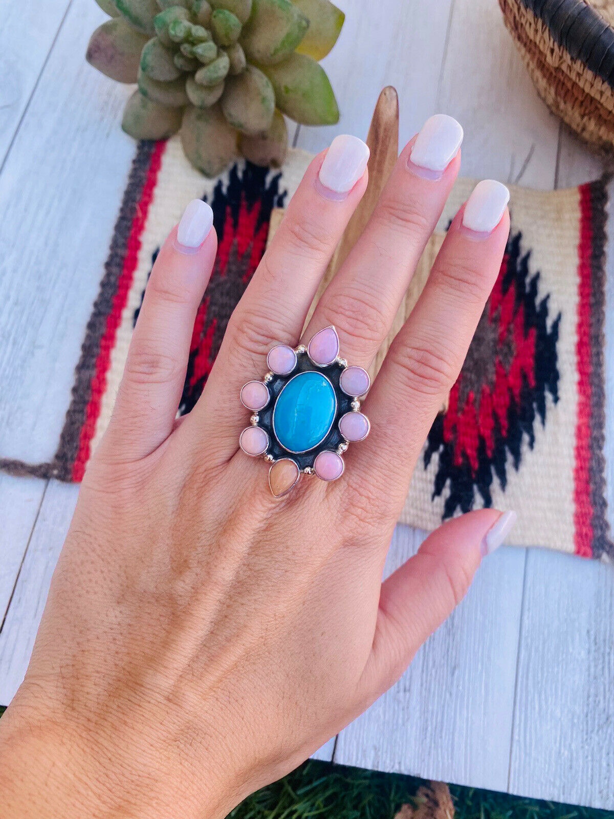 Navajo Rhodochrosite, Turquoise & Sterling Silver Cluster Ring Size 8.5