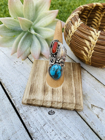 Navajo Turquoise, Coral & Sterling Silver Ring Size 5.5