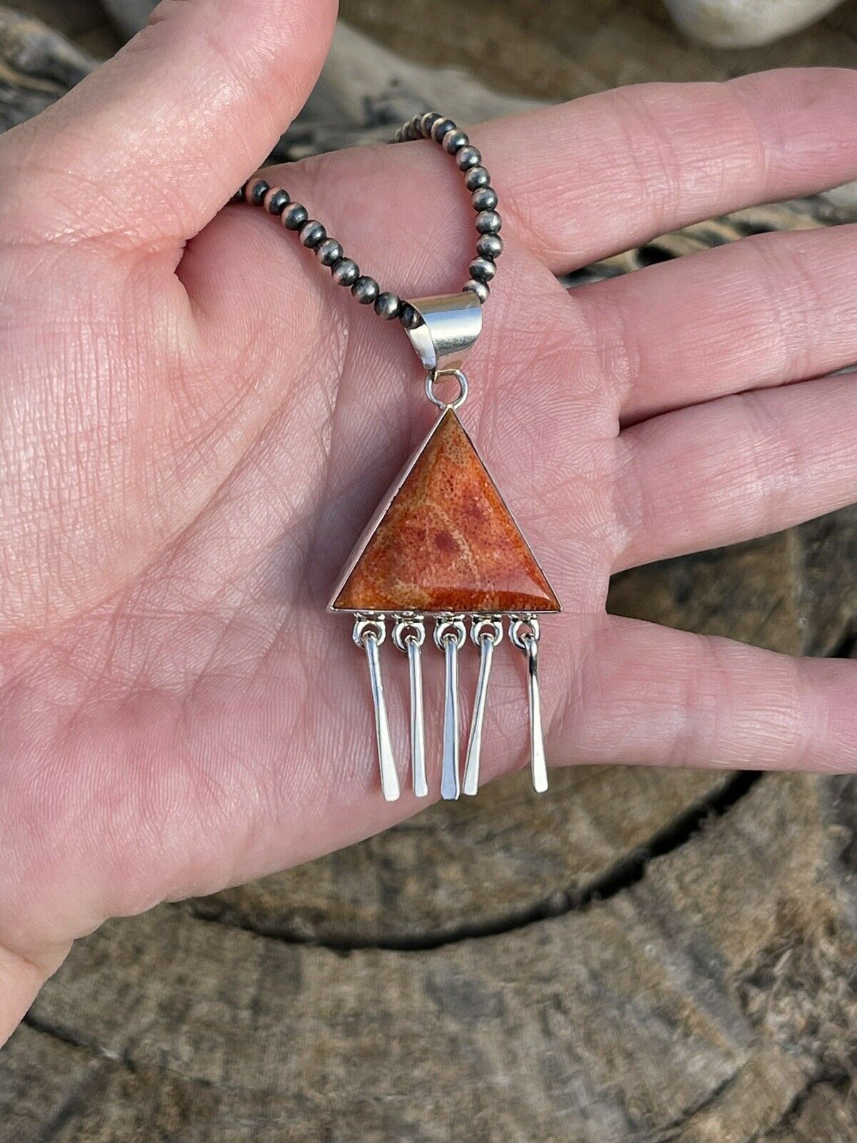 Navajo Sterling Silver Orange Spiny TrIangle Fringe Pendant Signed