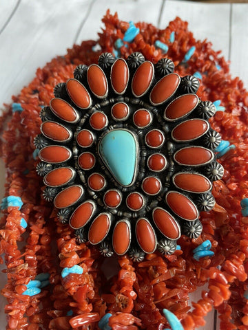 Shawn Cayatenito Sterling Silver Turquoise & Coral Statement Ring Size 8  Signed