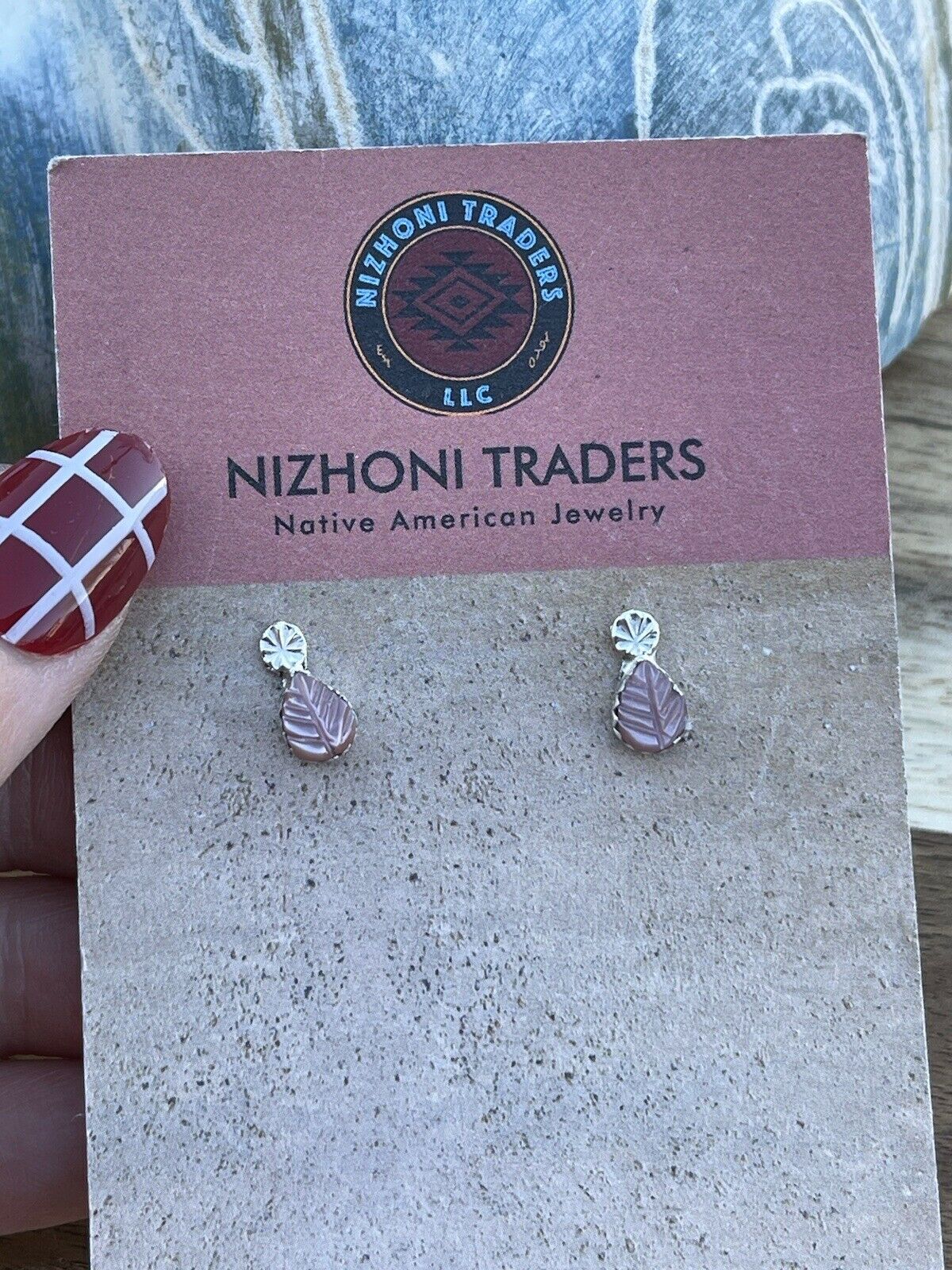 Zuni Sterling Silver & Pink Mussel Shell Leaf Earrings