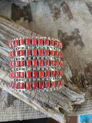 Navajo Natural Coral & Sterling Silver Cuff Bracelet By Paul Livingston