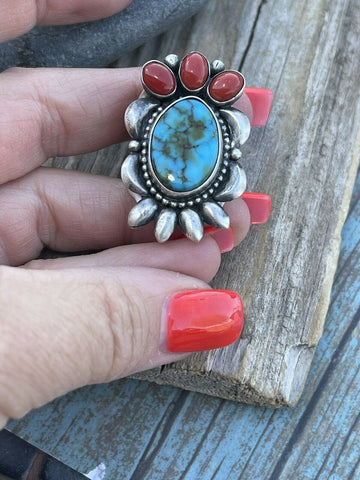 Navajo Sterling Kingman Web Turquoise & Red Coral Taos Collection Ring Sz 6