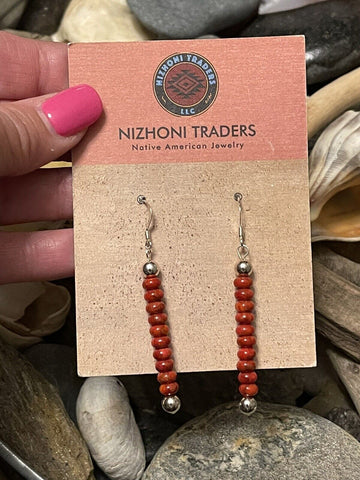 Navajo Sterling Silver Apple Coral Beaded Dangle Earrings