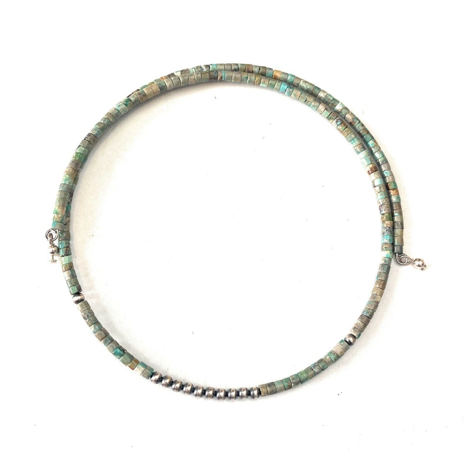 Navajo Handmade Turquoise & Sterling Silver Beaded Wrap Choker Necklace