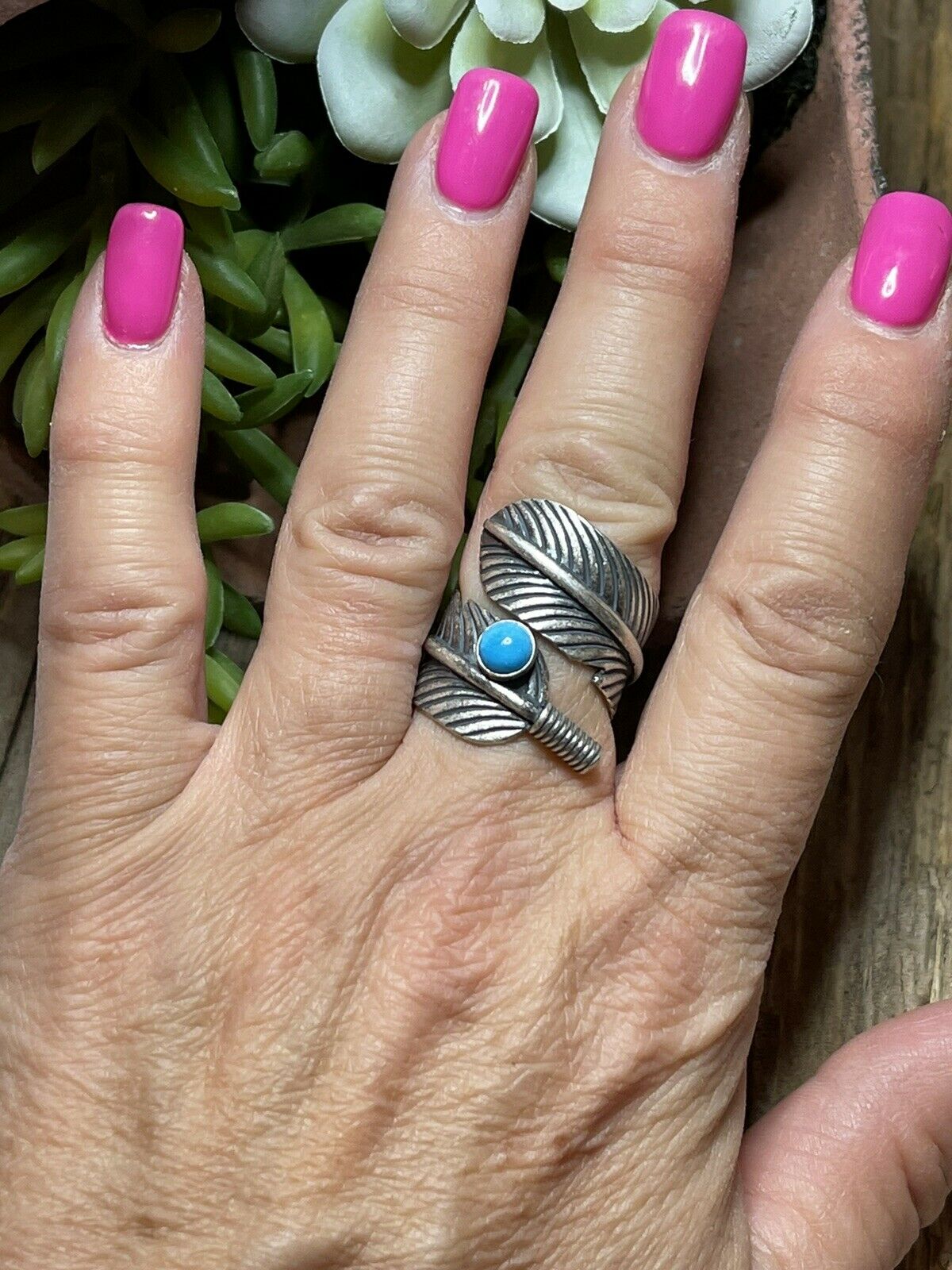 Navajo Sterling Silver & Turquoise Single Feather Adjustable Ring