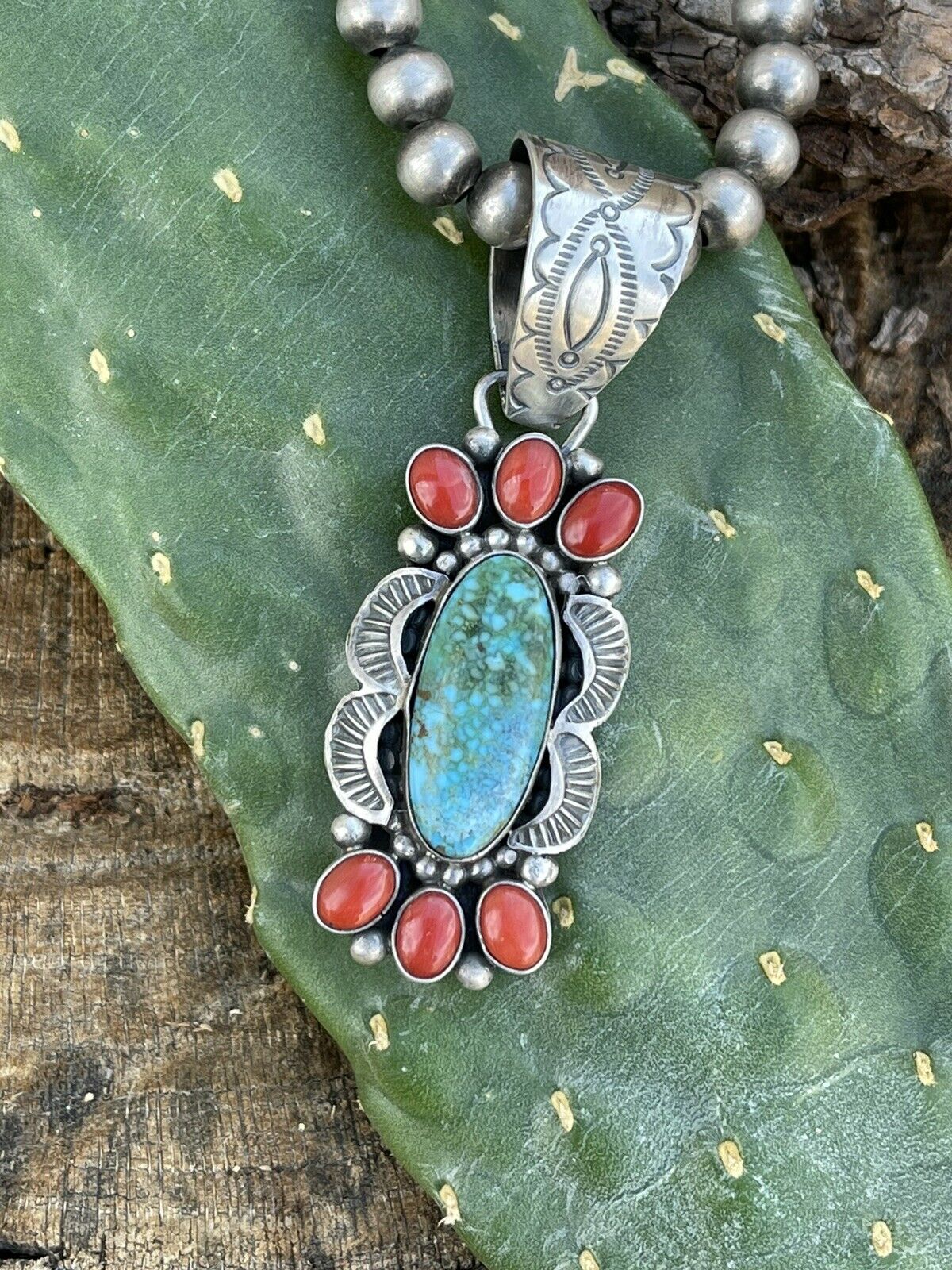 Navajo Sterling Kingman Web Turquoise & Red Coral Pendant Taos Collection