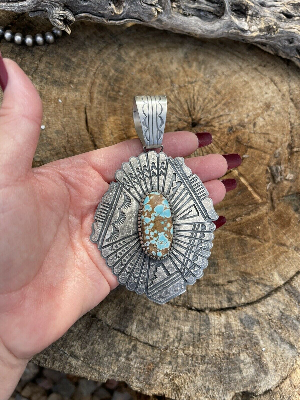 Navajo Number 8  Turquoise & Sterling Tufa Cast Jumbo Pendant Signed