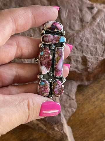 Navajo 6 stone Pink Dream Mojave & Sterling Silver Ring Size 8