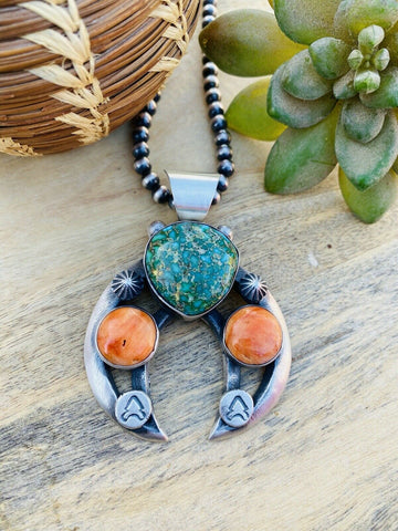 Navajo Sterling Silver, Turquoise & Orange Spiny Naja Pendant By Chimney Butte