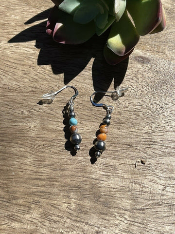 Navajo Sterling Silver Pearl, Turquoise & Spiny Spice Beaded Earrings