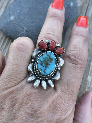 Navajo Sterling Kingman Web Turquoise & Red Coral Taos Collection Ring Sz 6