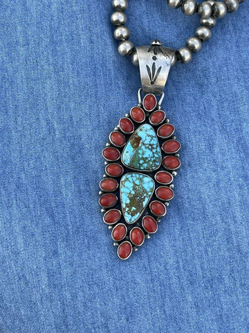 Navajo Sterling 2 Stone Kingman Web Turquoise & Red Coral Taos Pendant