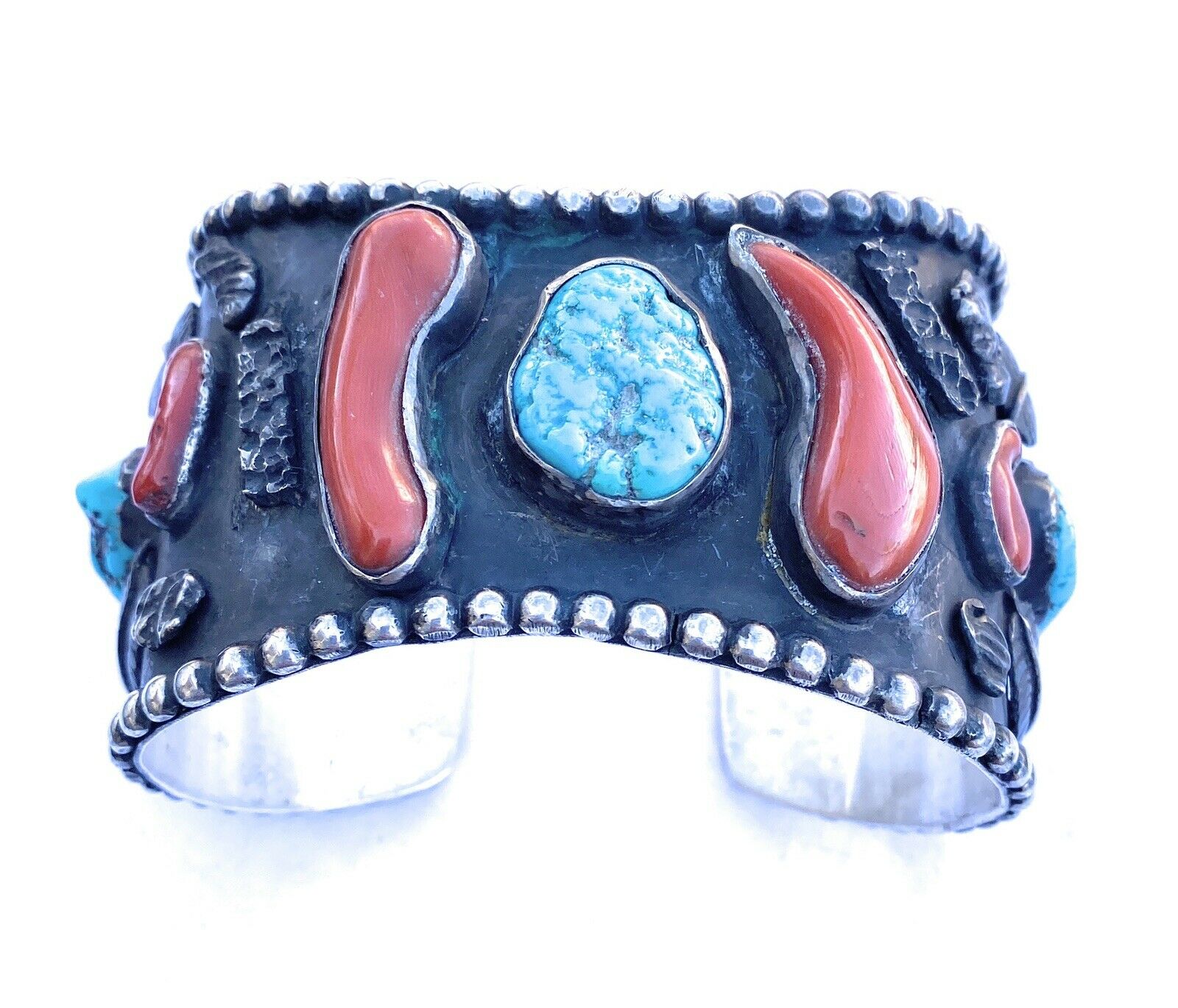 Vintage Navajo Turquoise, Coral & Sterling Silver Cuff Bracelet