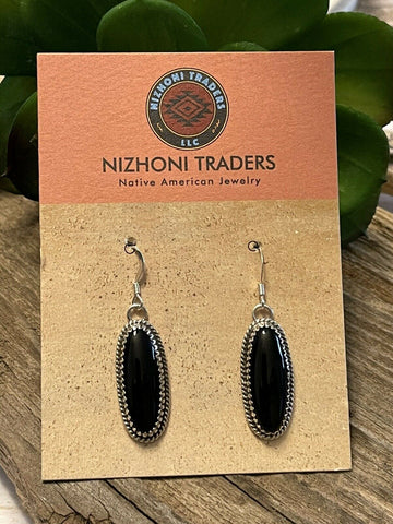 Navajo Sterling Silver Black Onyx Dangle Elegant Earrings Signed