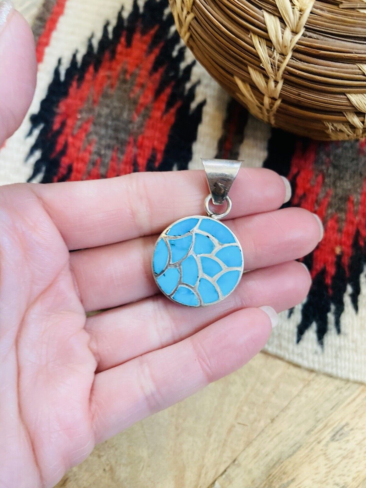 Zuni Turquoise & Sterling Silver Inlay Pendant Signed