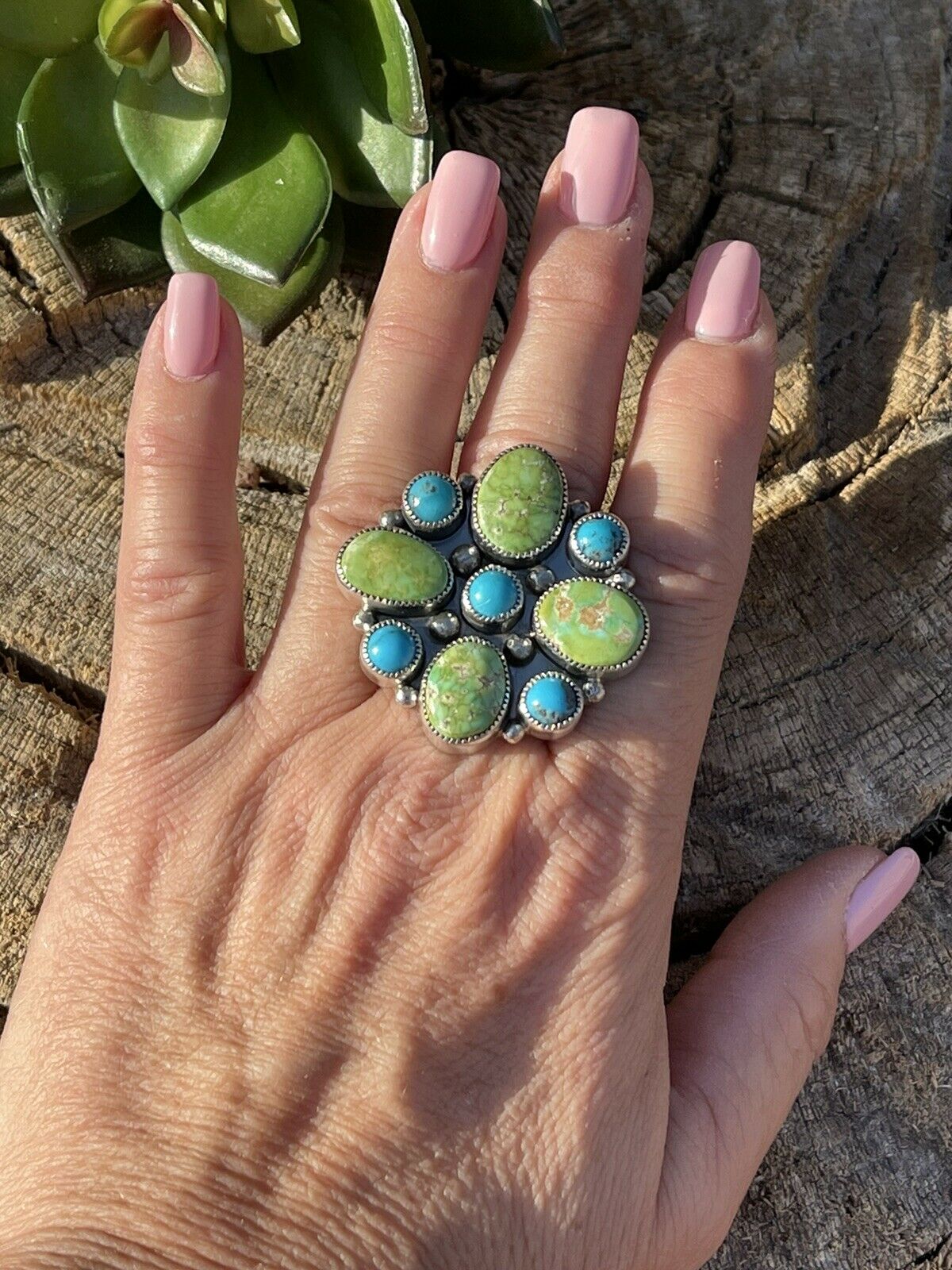 Navajo Sterling Sonoran Gold And Golden Hills Turquoise Cluster Ring Size 7