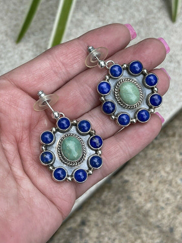 Navajo Sterling Silver Lapis & Turquoise Stone Cluster Dangle Earrings B. Lee