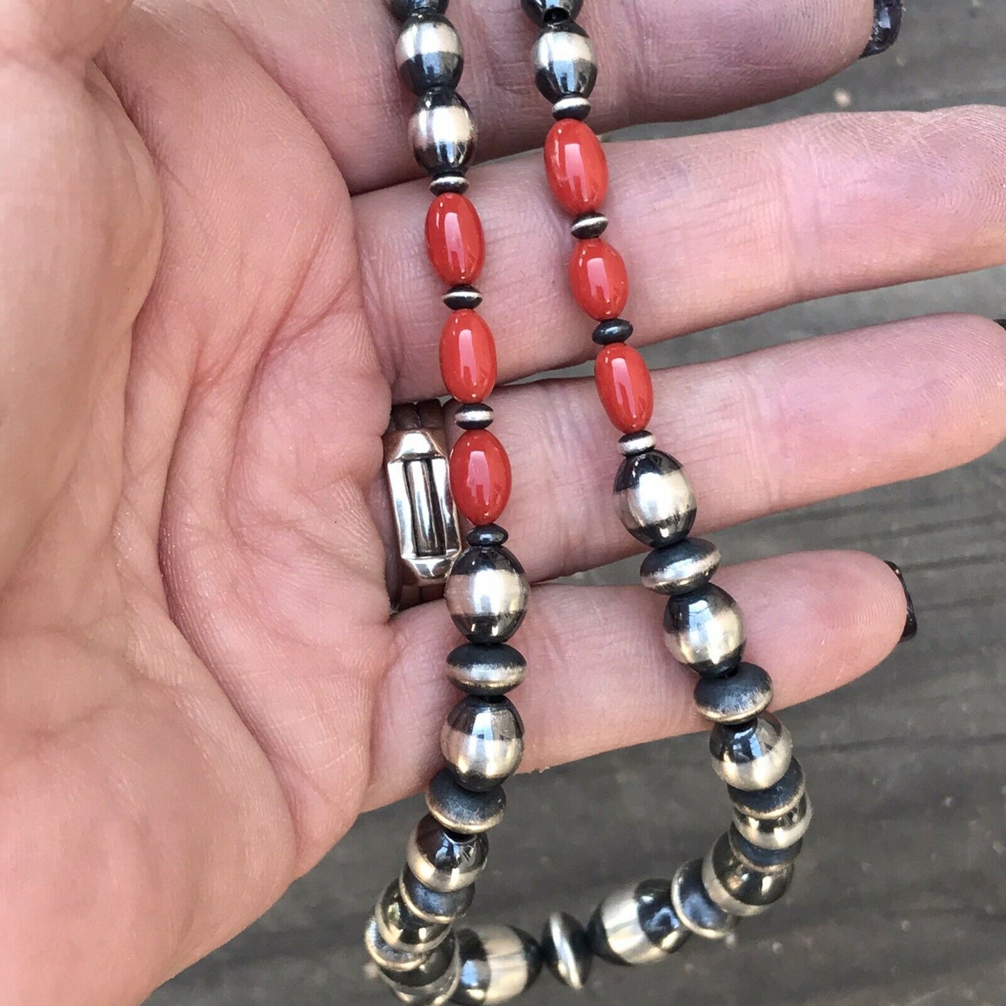 Navajo Sterling Silver Bead & Natural Red Coral Necklace 21 Inches Long