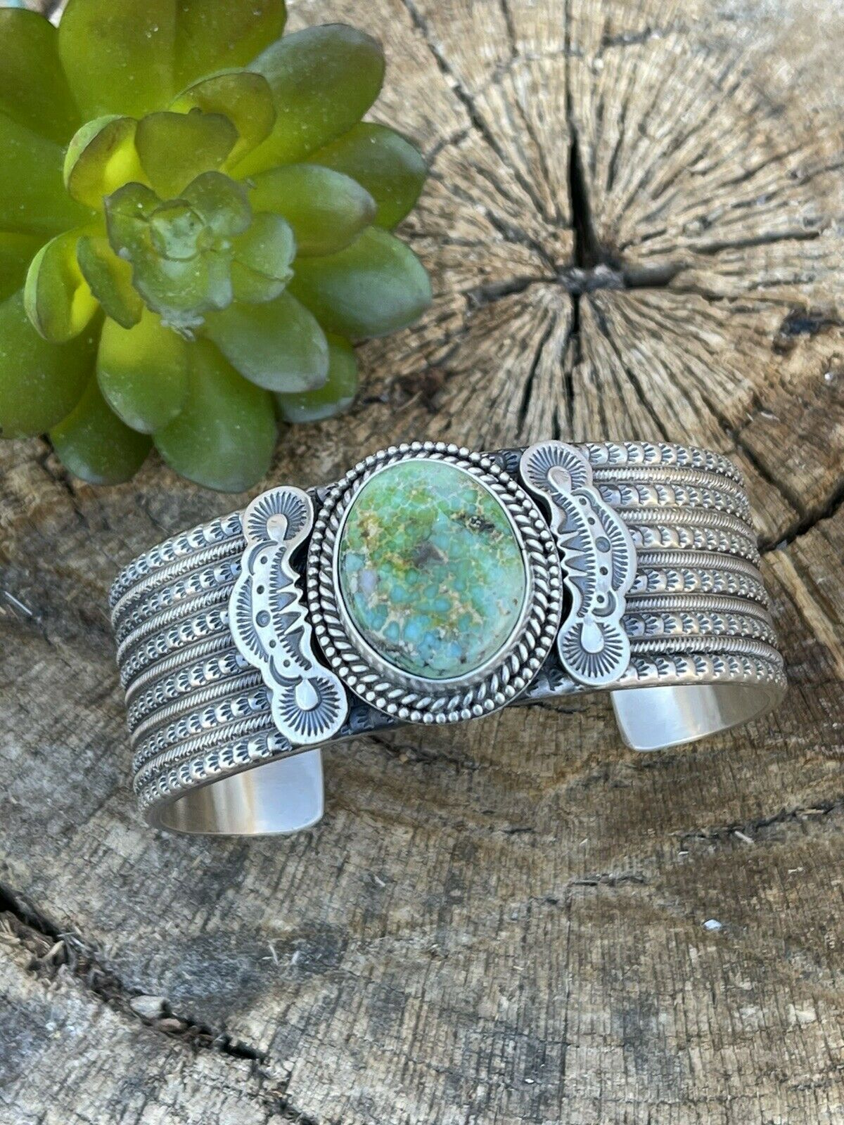 Navajo Sterling Silver & Sonoran Gold Turquoise Cuff Bracelet Signed & Stamped