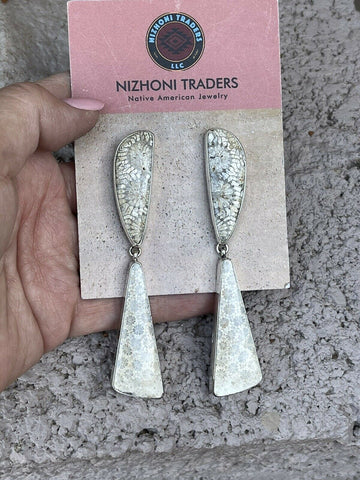 Navajo Fossilized Coral & Sterling Silver Dangle Earrings Signed