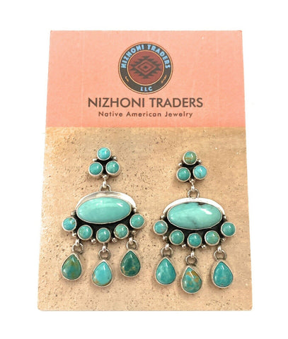 Navajo Turquoise & Sterling Silver Cluster Dangle Earrings Signed