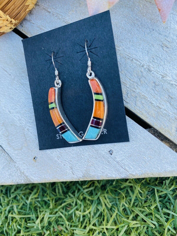 Navajo Multi Stone And Sterling Silver Inlay Dangle Earrings