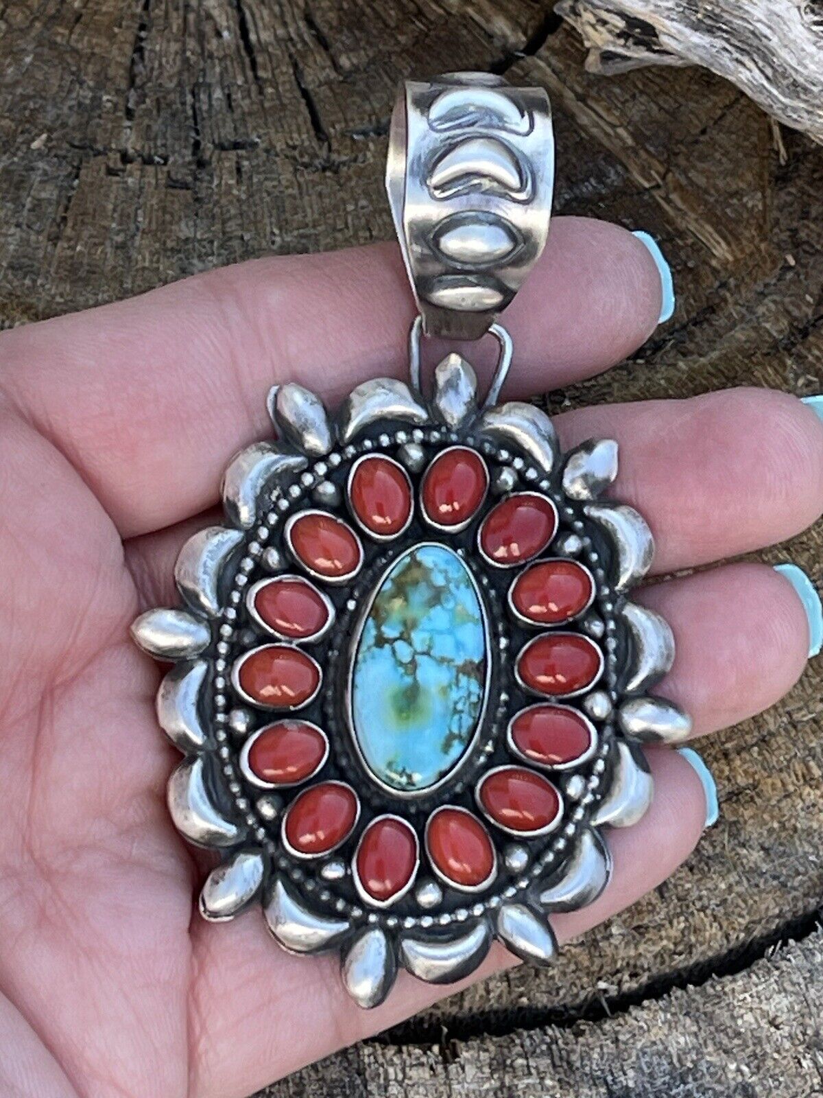 Navajo Sterling Kingman Web Turquoise & Red Coral Taos Ornate Pendant D. Clark