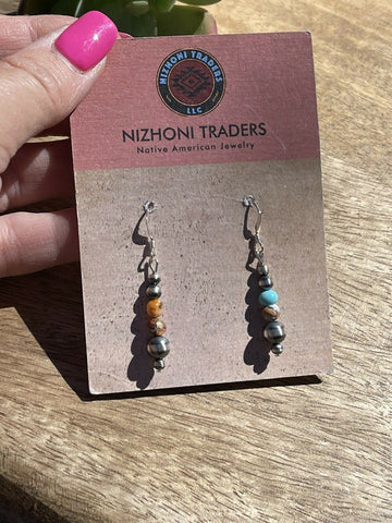 Navajo Sterling Silver Pearl, Turquoise & Spiny Spice Beaded Earrings