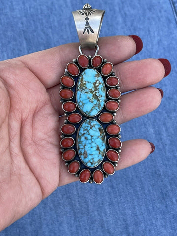 Navajo Sterling 2 Stone Kingman Web Turquoise & Red Coral Taos Pendant