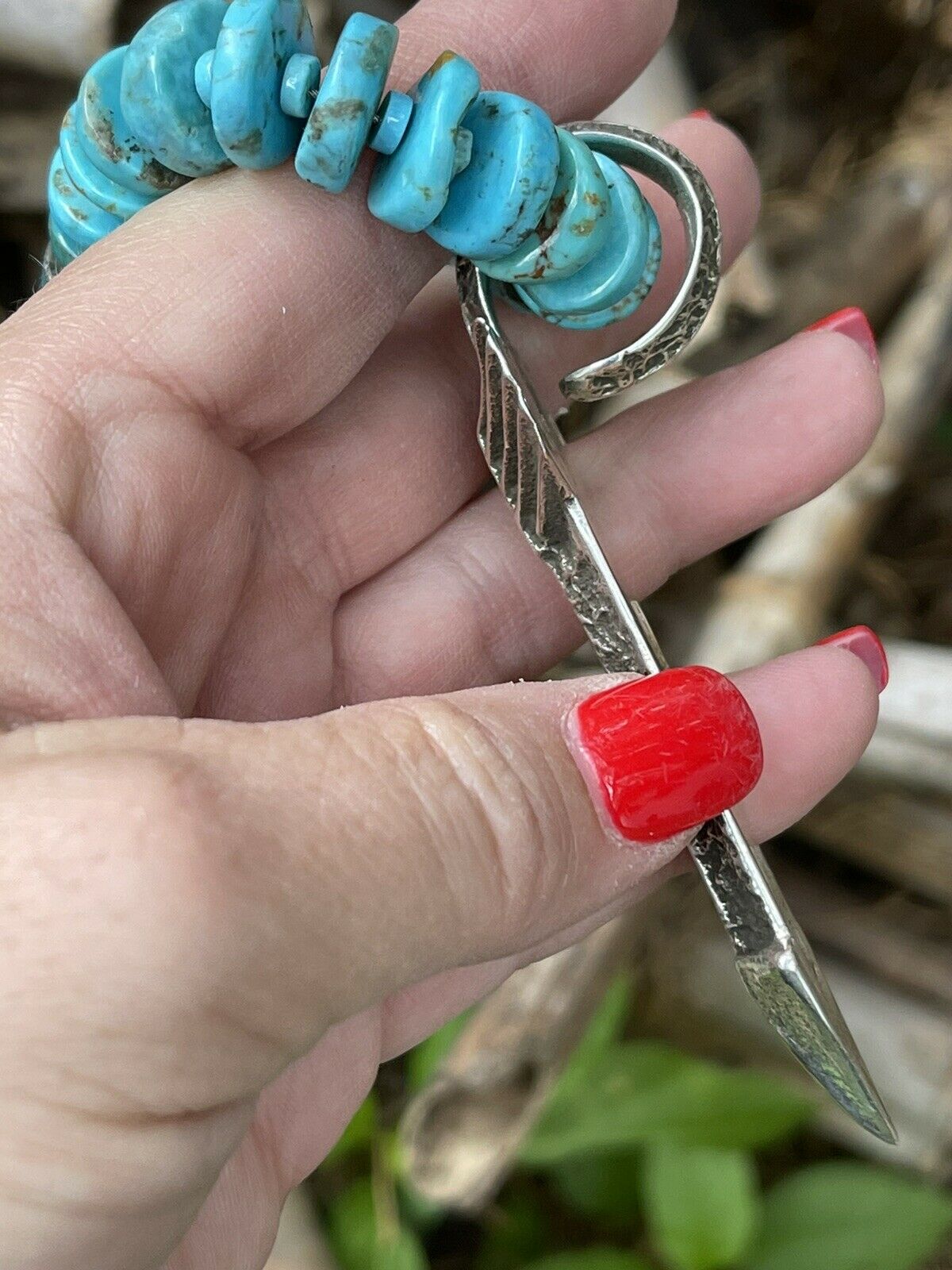 Navajo Natural Turquoise & Sterling Silver Tufa Cast Arrow Necklace