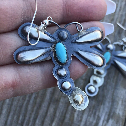 Navajo Sterling Silver  Turquoise Dragonfly Dangle Earrings