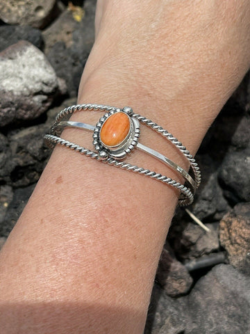 Navajo Orange Spiny Sterling Silver  Cuff Bracelet Signed