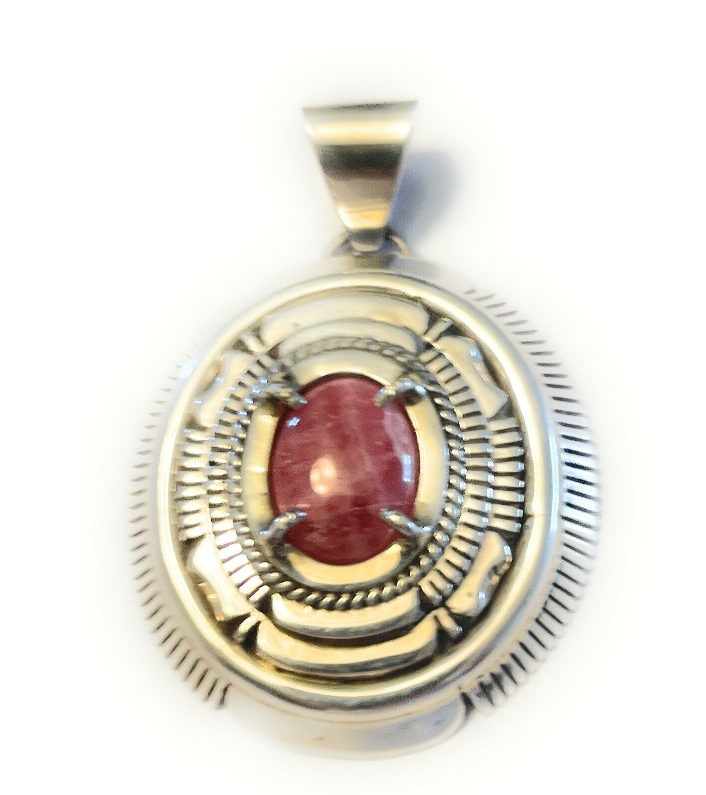 Navajo Sterling Silver Pink Rhodonite Elegant Pendant Signed