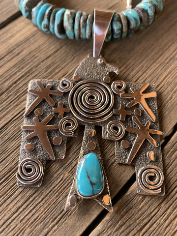 Sterling Silver & Royston Turquoise Navajo Thunderbird Pendant By Alex Sanchez