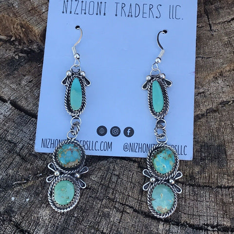 Navajo Mixed  Turquoise & Sterling Silver Dangles Signed