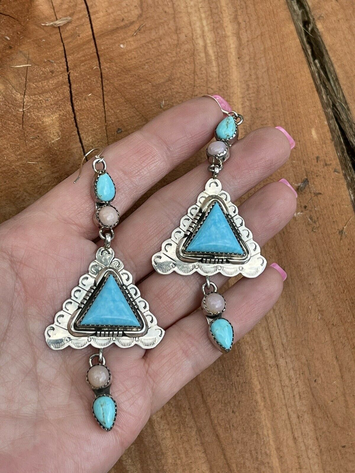 Navajo Sterling Southwest Triangle Pink Jasper Turquoise  Hook Dangle Earrings