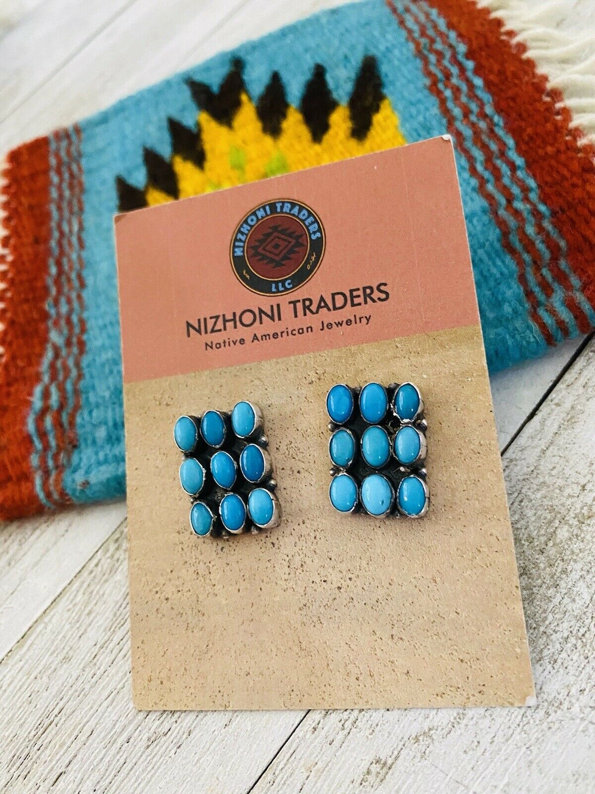 Navajo Turquoise & Sterling Silver Cluster Stud Earrings Signed
