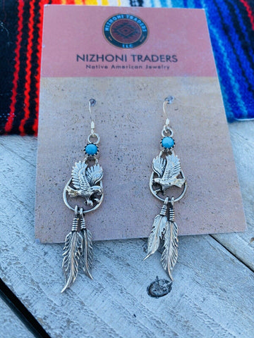 Navajo Sterling Silver  Turquoise Feather Dangle Earrings