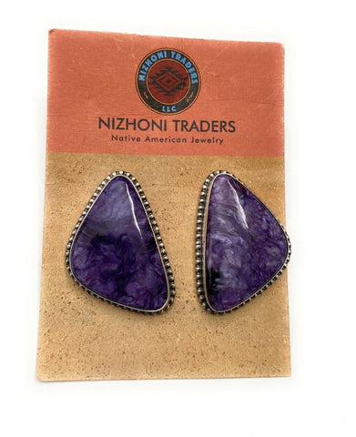 Navajo Charoite And Sterling Silver Post Earrings Signed