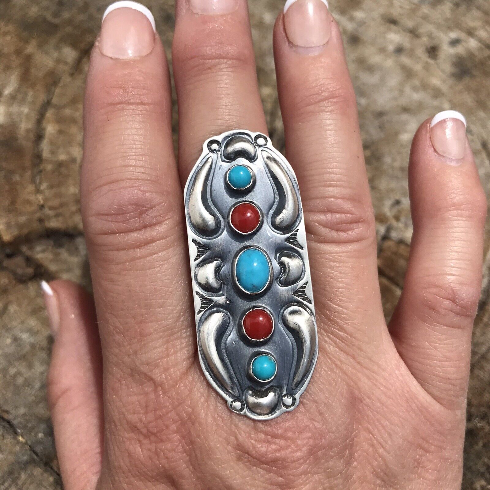 Navajo Sterling Silver Turquoise Coral 5 Stone Ring