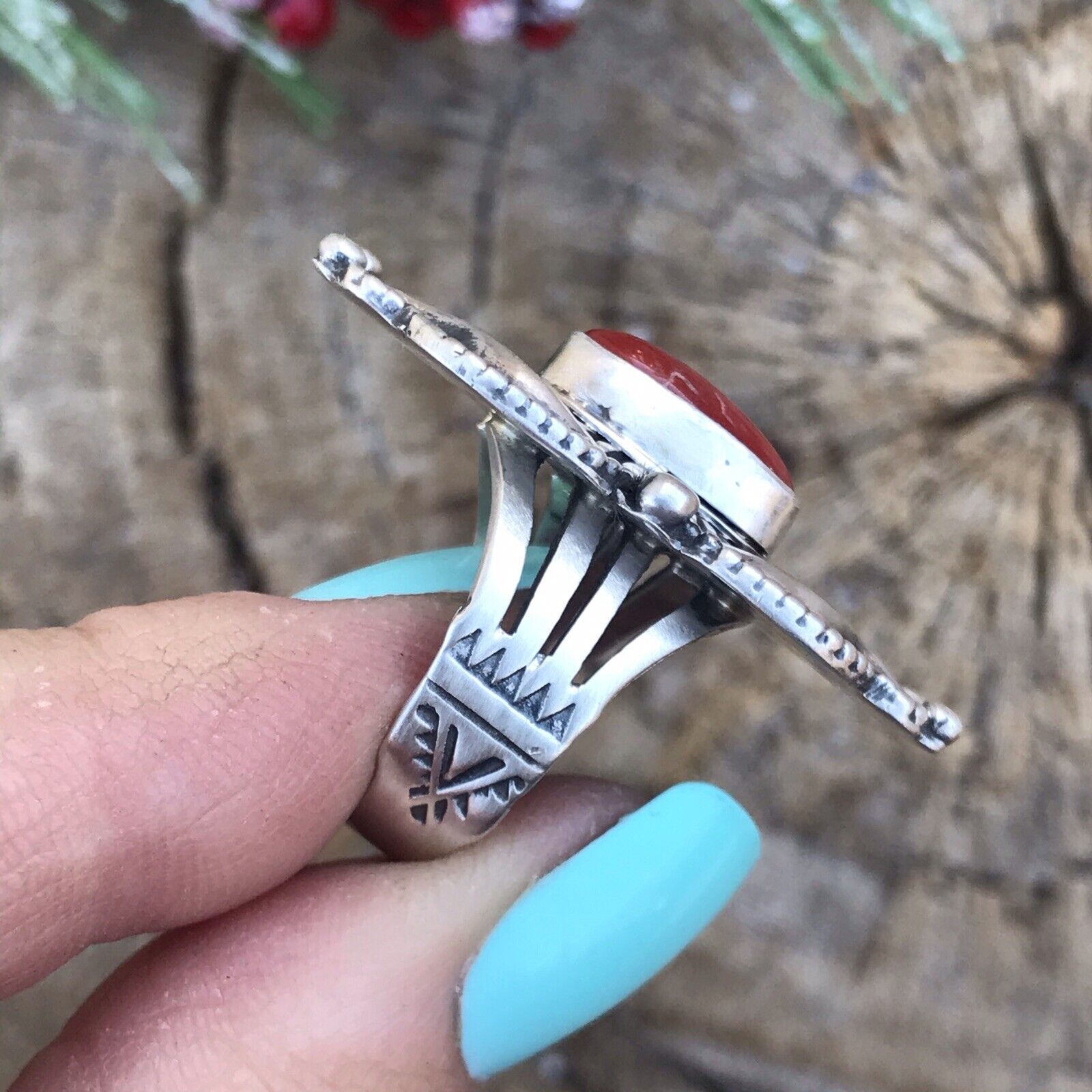 Navajo Sterling Silver Natural Red Coral Ring Artist L. James